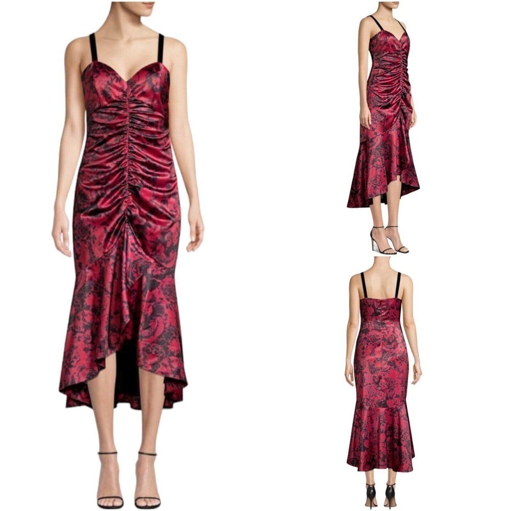 Parker Wine Red Black Mackay Gathered Flounce Hem Midi Sheath Dress Size 10